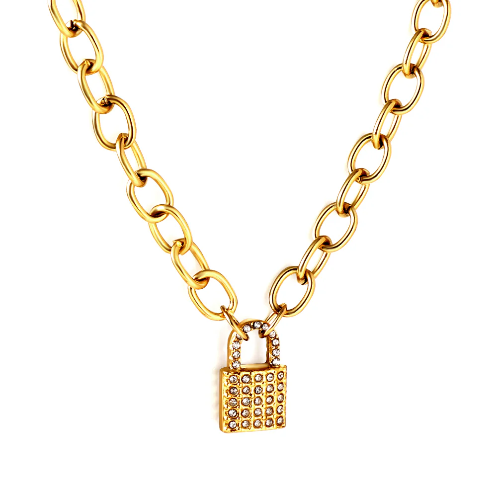 Stainless Steel Gold Color PVD Lock With Diamond Necklace