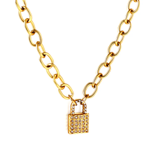 Load image into Gallery viewer, Stelluxe Stainless Steel Gold Color PVD Lock With Diamond Necklace