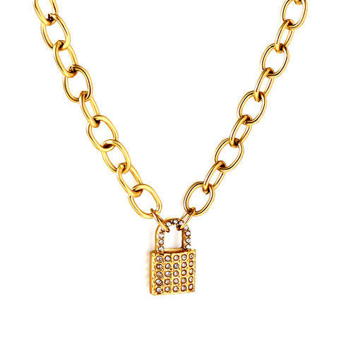 Stelluxe Stainless Steel Gold Color PVD Lock With Diamond Necklace
