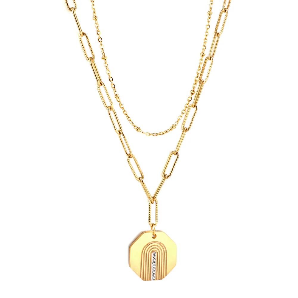 Stainless Steel Gold Color PVD Hexagonal With Diamond Double Chain Necklace