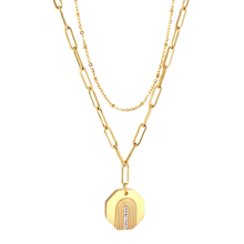 Load image into Gallery viewer, Stelluxe Stainless Steel Gold Color PVD Hexagonal With Diamond Double Chain Necklace