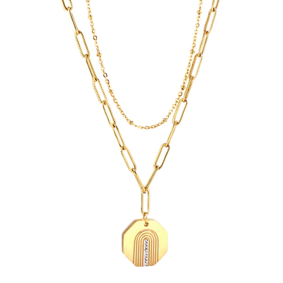 Stelluxe Stainless Steel Gold Color PVD Hexagonal With Diamond Double Chain Necklace