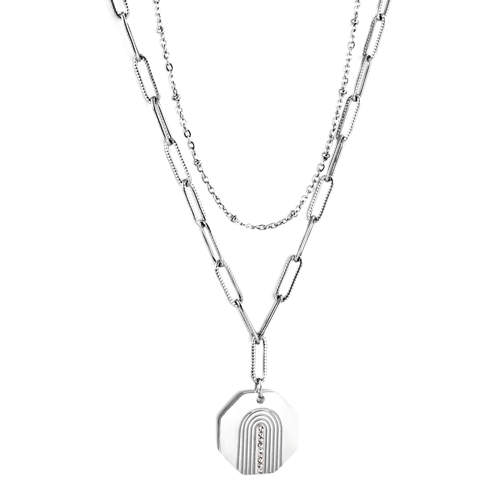 Stainless Steel Color PVD Hexagonal With Diamond Double Chain Necklace
