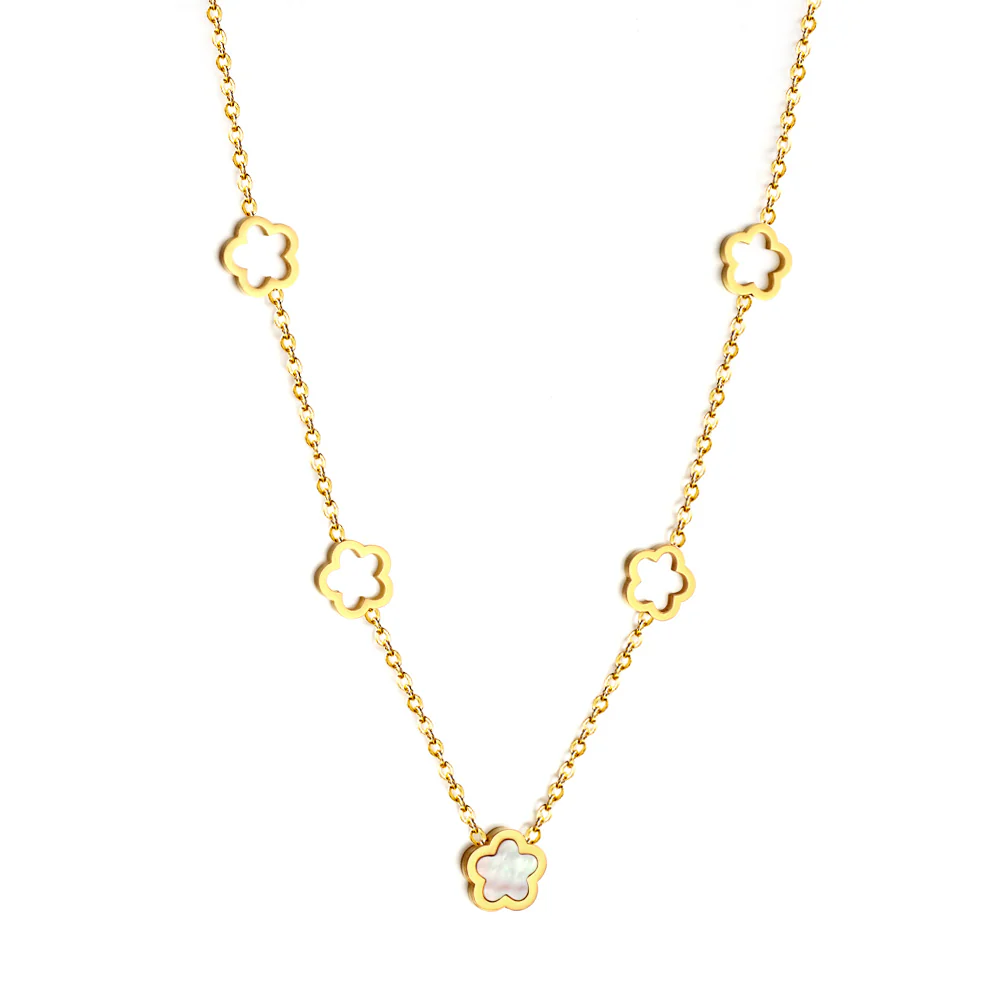 Stainless Steel Gold Color PVD 4 Hollow Peach Blossoms And 1 Peach Blossom With White Shell Necklace