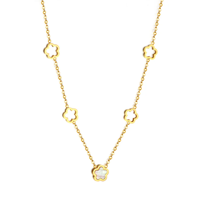 Stelluxe Stainless Steel Gold Color PVD 4 Hollow Peach Blossoms And 1 Peach Blossom With White Shell Necklace