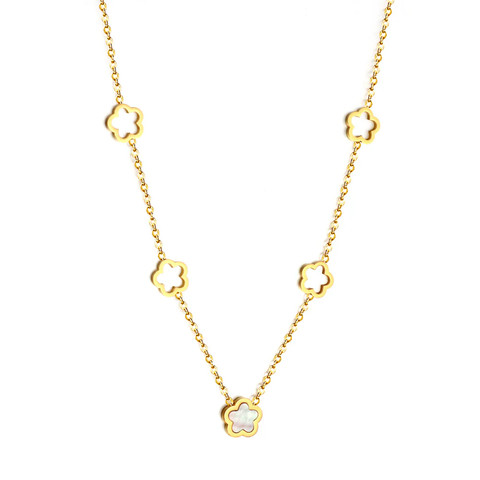 Stelluxe Stainless Steel Gold Color PVD 4 Hollow Peach Blossoms And 1 Peach Blossom With White Shell Necklace