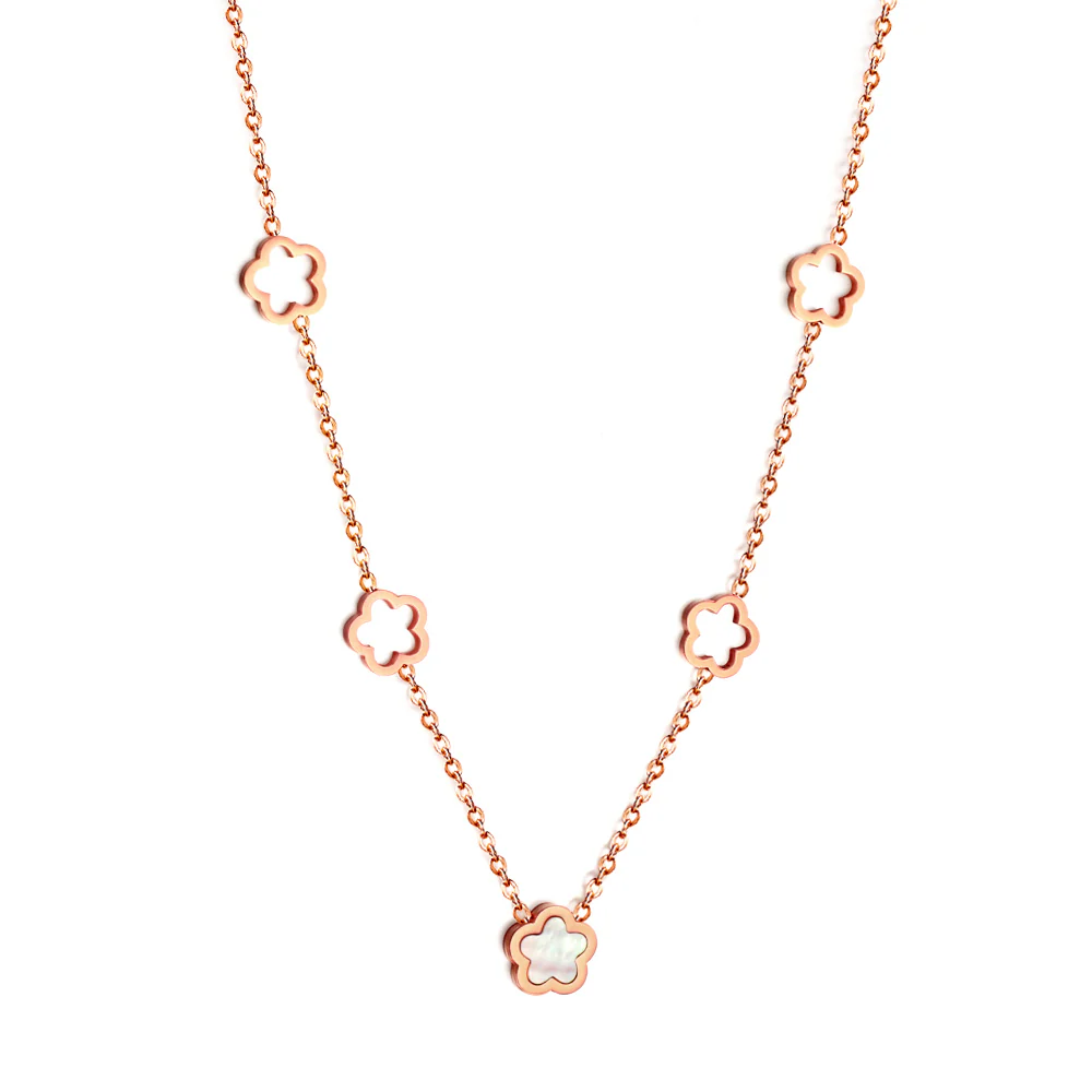 Stainless Steel Rose Gold Color PVD 4 Hollow Peach Blossom And 1 White Shell Peach Blossom Necklace