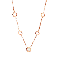 Load image into Gallery viewer, Stelluxe Stainless Steel Rose Gold Color PVD 4 Hollow Peach Blossom And 1 White Shell Peach Blossom Necklace