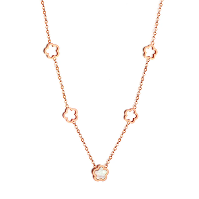 Stelluxe Stainless Steel Rose Gold Color PVD 4 Hollow Peach Blossom And 1 White Shell Peach Blossom Necklace