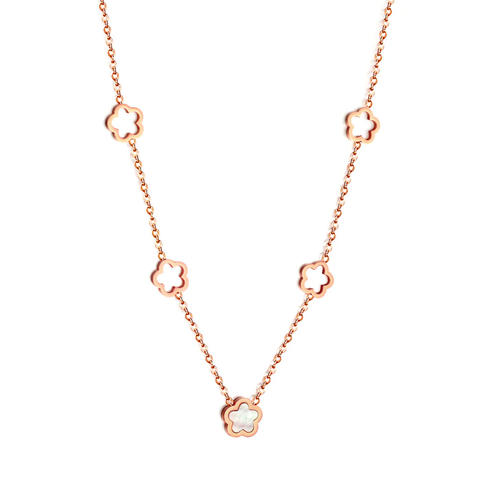 Stelluxe Stainless Steel Rose Gold Color PVD 4 Hollow Peach Blossom And 1 White Shell Peach Blossom Necklace