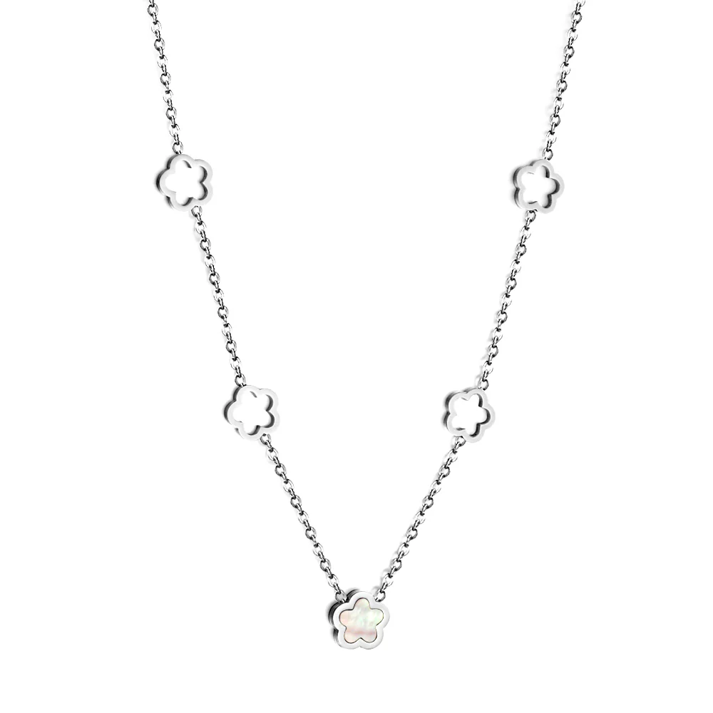 Stainless Steel Color PVD 4 Hollow Peach Blossom And 1 White Shell Peach Blossom Necklace