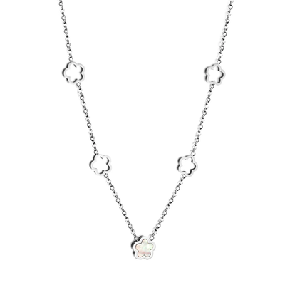 Stelluxe Stainless Steel Color PVD 4 Hollow Peach Blossom And 1 White Shell Peach Blossom Necklace