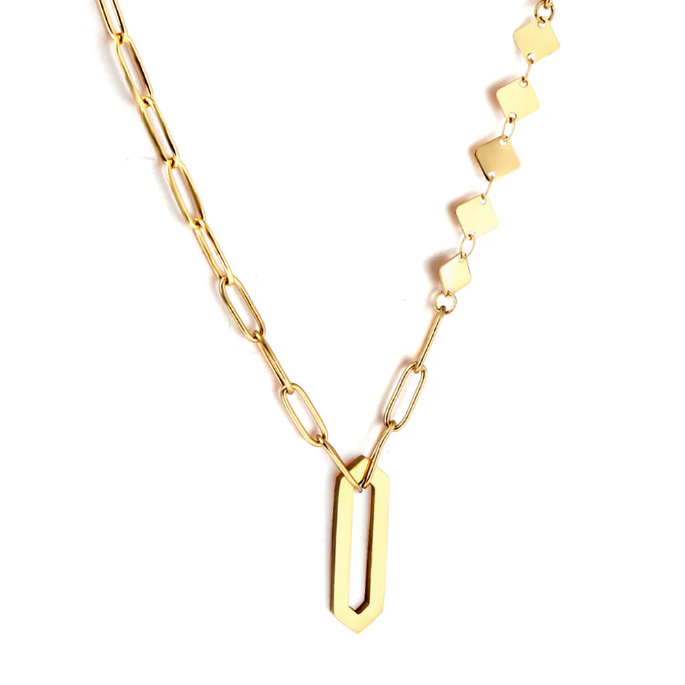 Stainless Steel Gold Color PVD Rhombus Cutout And 5 Square Necklace