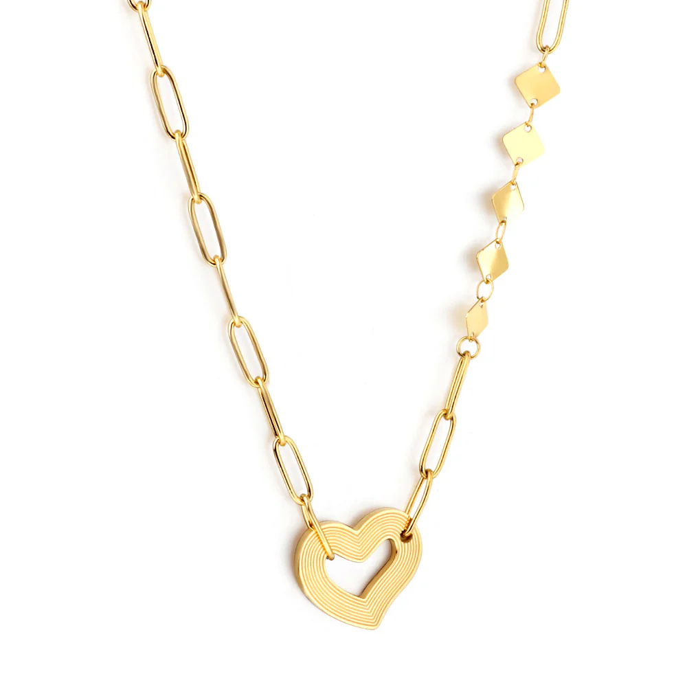 Stainless Steel Gold Color PVD Heart Shaped Cutout And 5 Square Necklace