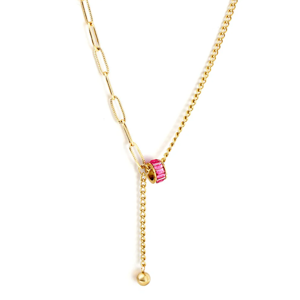 Stainless Steel Gold Color PVD Rose Red Zircon Hollow Out Round Ball Necklace