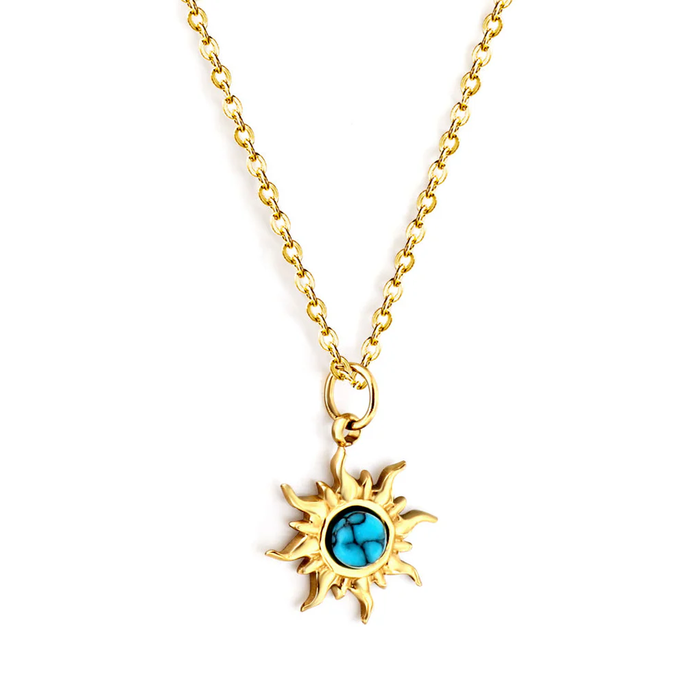 Stainless Steel Gold Color PVD Blue Stone Flower Necklace