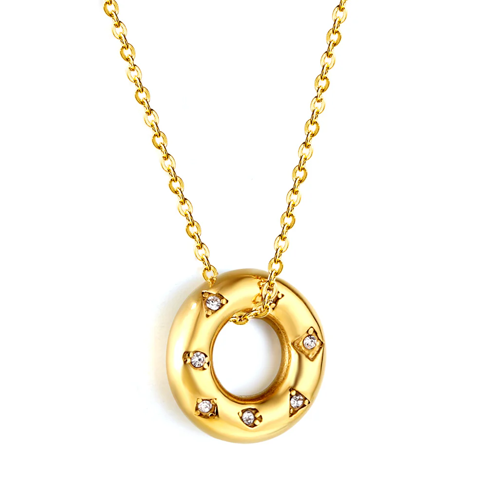 Stainless Steel Gold Color PVD CZ Circle Pendant Necklace