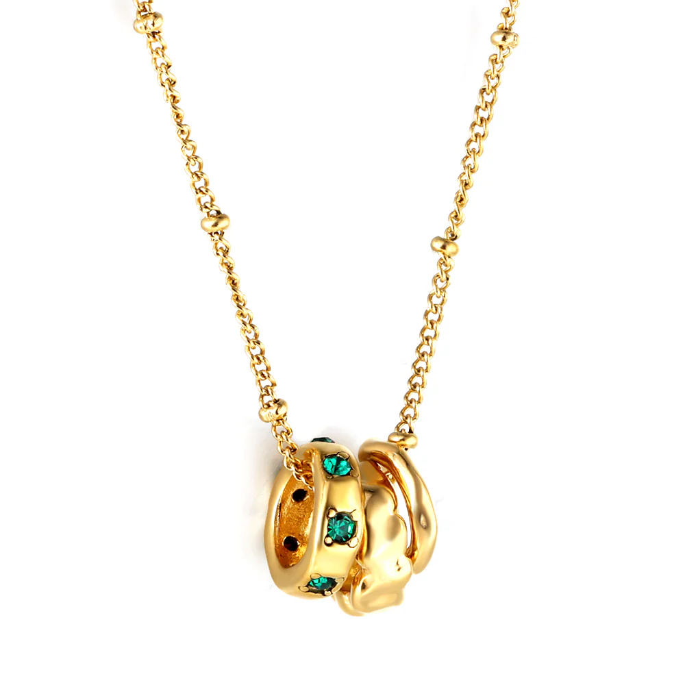Stainless Steel Gold Color PVD Three Irregular Circles Green CZ Pendant Necklace