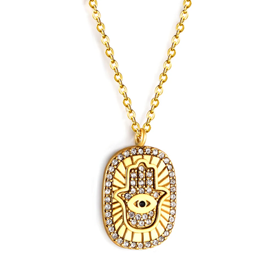 Stainless Steel Gold Color PVD Medal Set Zirconia Hand Pendant Necklace