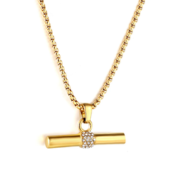 Tresoli Stainless Steel Gold Color PVD Wooden Stick CZ Pendant Necklace