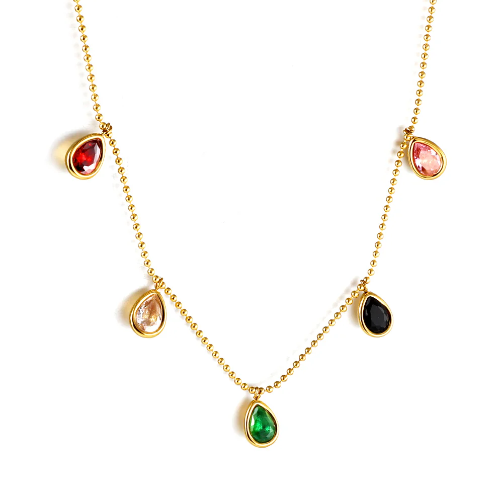 Stainless Steel Gold Color PVD Water Drop Mixed Color Diamond Pendant Necklace