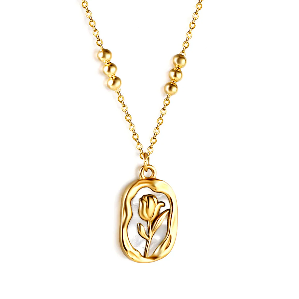Stainless Steel Gold Color PVD Long Oval Rose And Beads Pendant Necklace