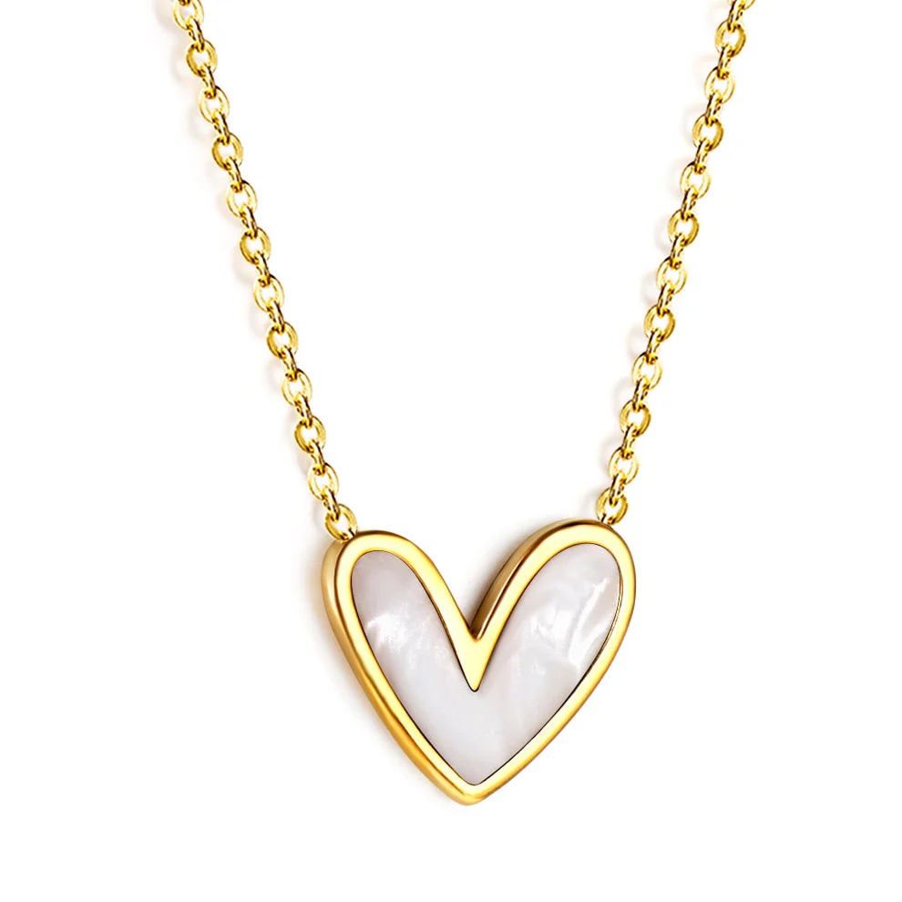 Stainless Steel Gold Color PVD White Shell Heart Pendant Necklace