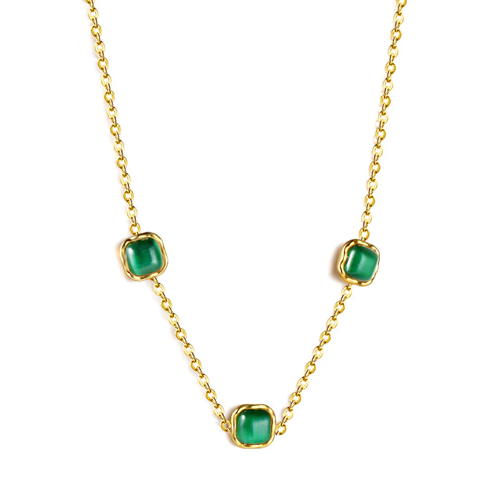 Stainless Steel Gold Color PVD Three Square Green Cat's Eye Stones Pendant Necklace