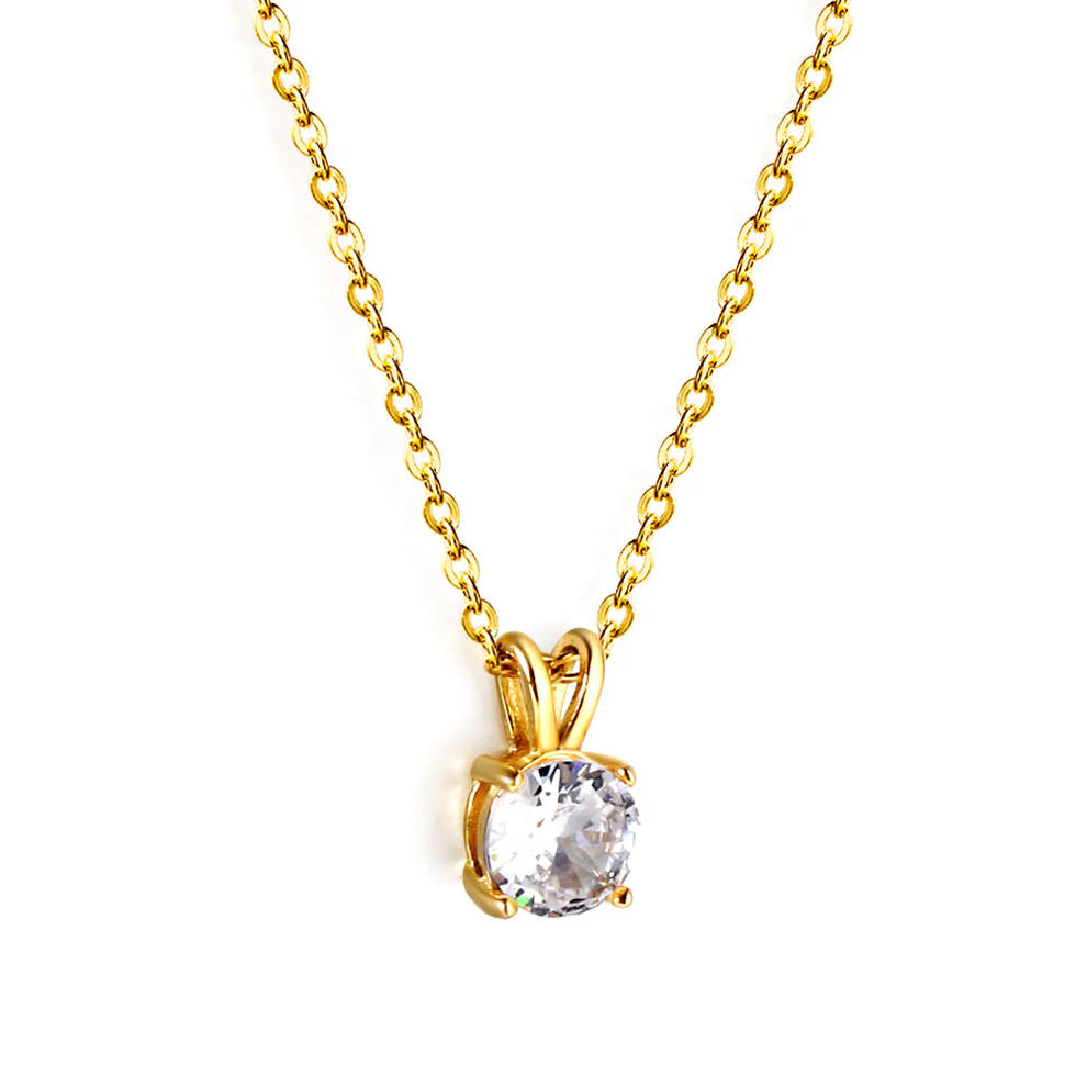 Stainless Steel Gold Color PVD White Diamond Round Pendant Necklace