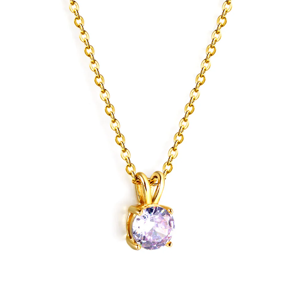 Stainless Steel Gold Color PVD Purple Diamond Round Pendant Necklace