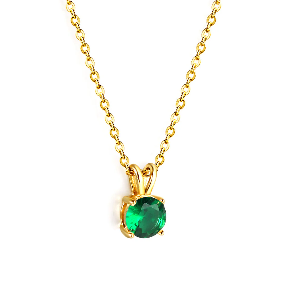 Stainless Steel Gold Color PVD Green Diamond Round Pendant Necklace