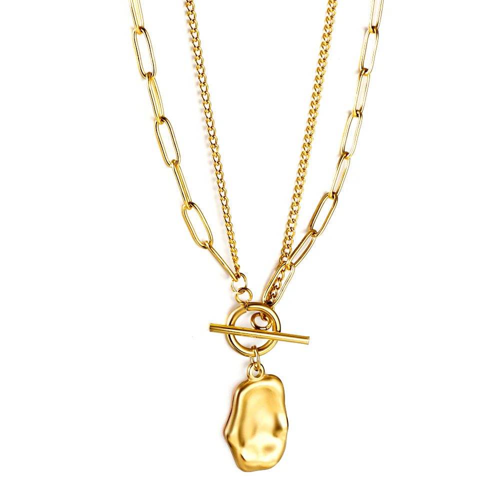 Stainless Steel Gold Color PVD Double Chain Long Alien Pendant Necklace