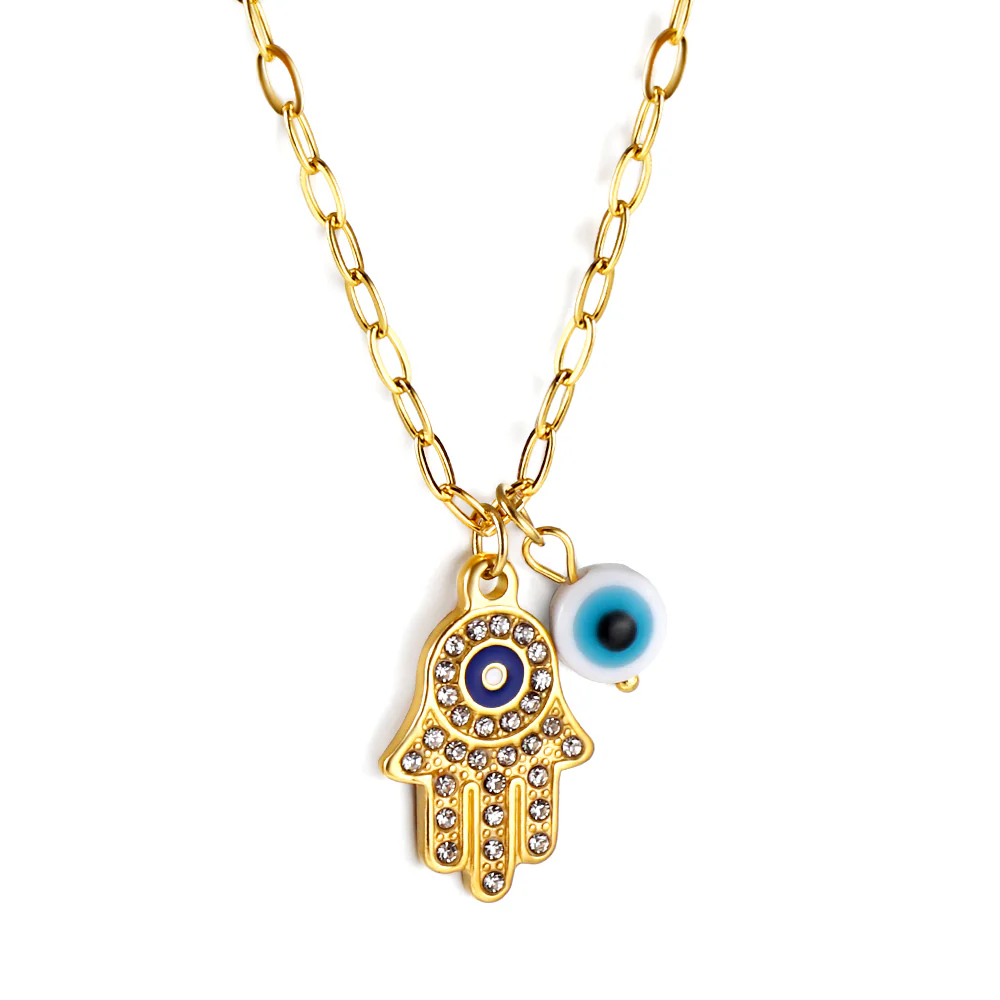 Stainless Steel Gold Color PVD Palm Pendant with White Diamonds and Blue Cat Eye Necklace