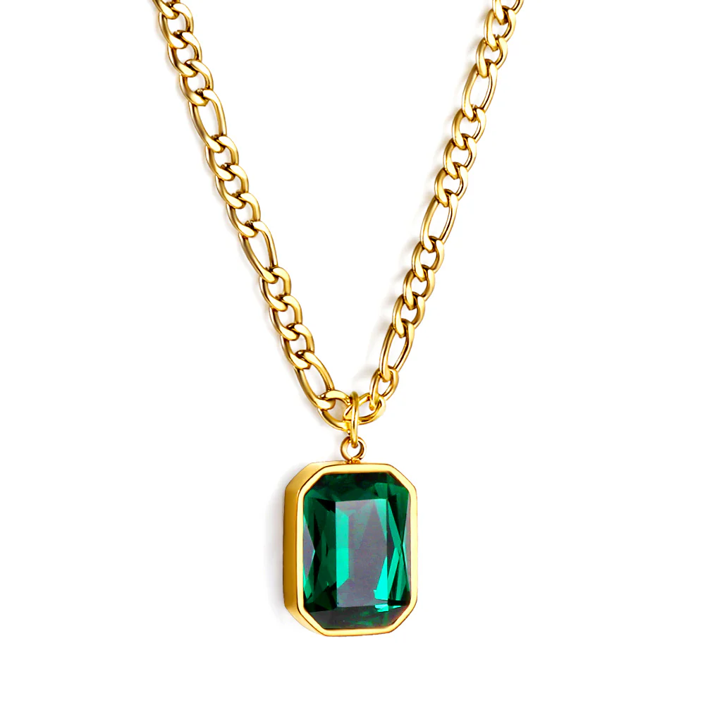 Stainless Steel Gold Color PVD Green Diamond Rectangular Pendant Necklace