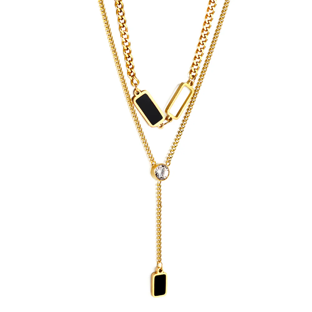 Stainless Steel Gold Color PVD 2 Rectangular Black Oil Drops And 1 Long Square Box With Round White Diamond Double Chain Pendant Necklace