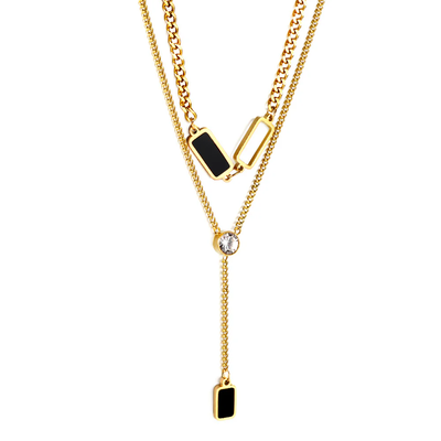 Stelluxe Stainless Steel Gold Color PVD 2 Rectangular Black Oil Drops And 1 Long Square Box With Round White Diamond Double Chain Pendant Necklace