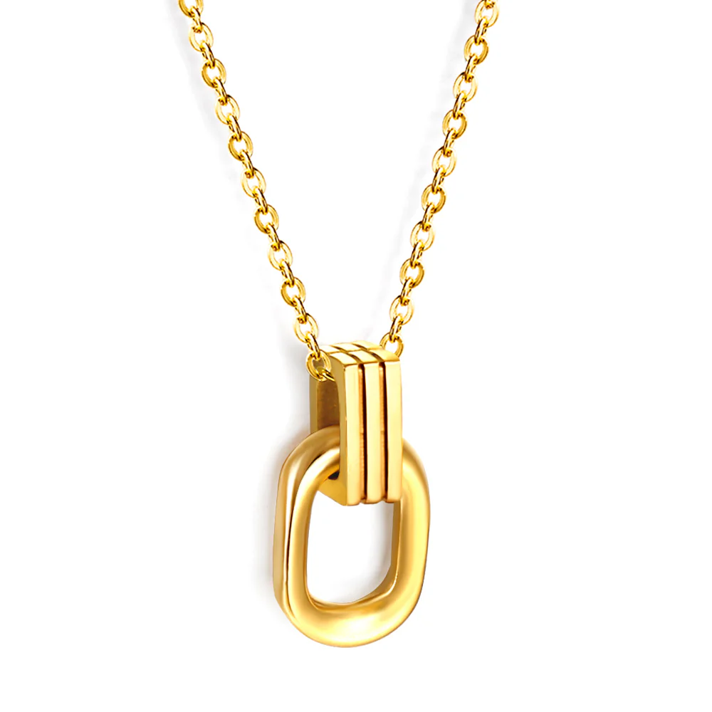 Stainless Steel Gold Color PVD Long Round Frame Clasp Pendant Necklace