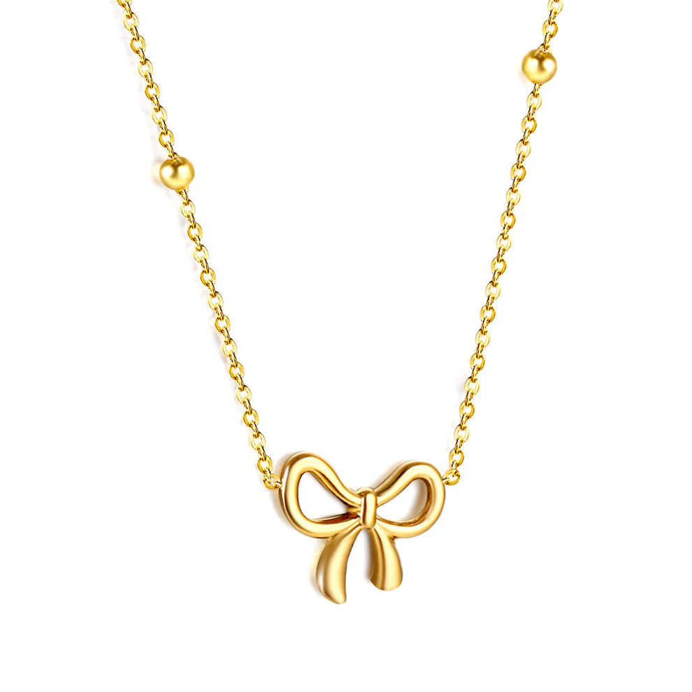 Stainless Steel Gold Color PVD Bow Pendant Necklace