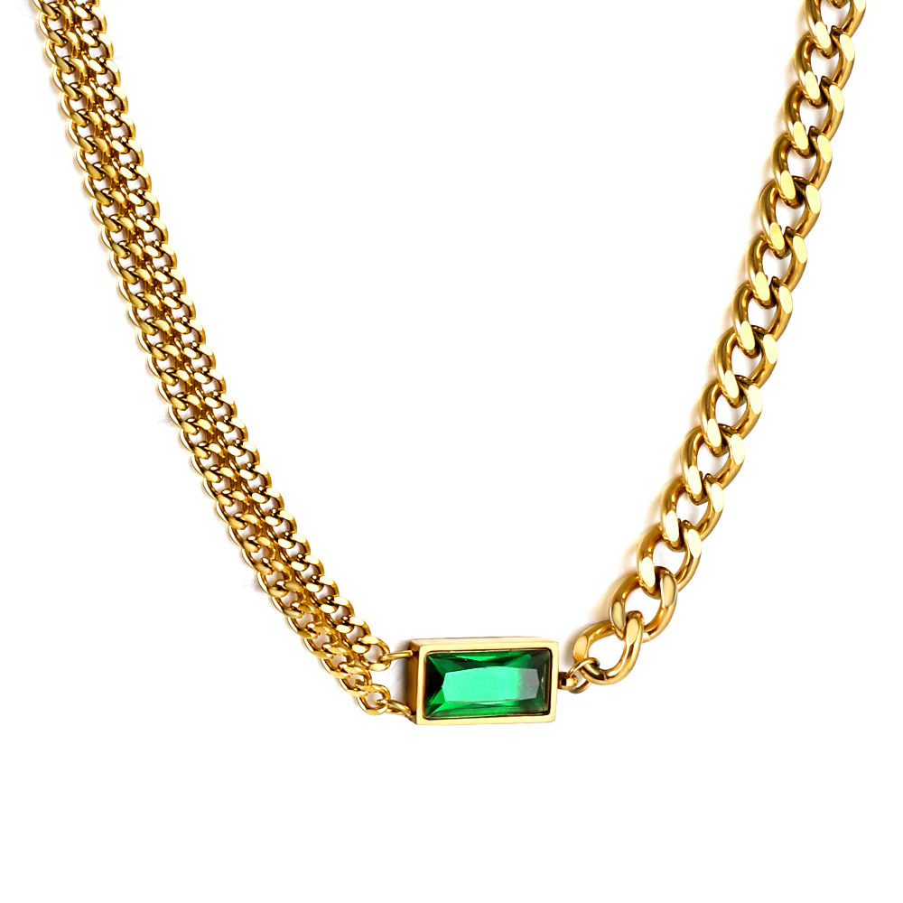 Stainless Steel Gold Color PVD Rectangle Pendant With Green Diamond Necklace