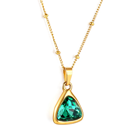 Stelluxe Stainless Steel Gold Color PVD Green Diamond Triangle Pendant With Bead Chain Necklace