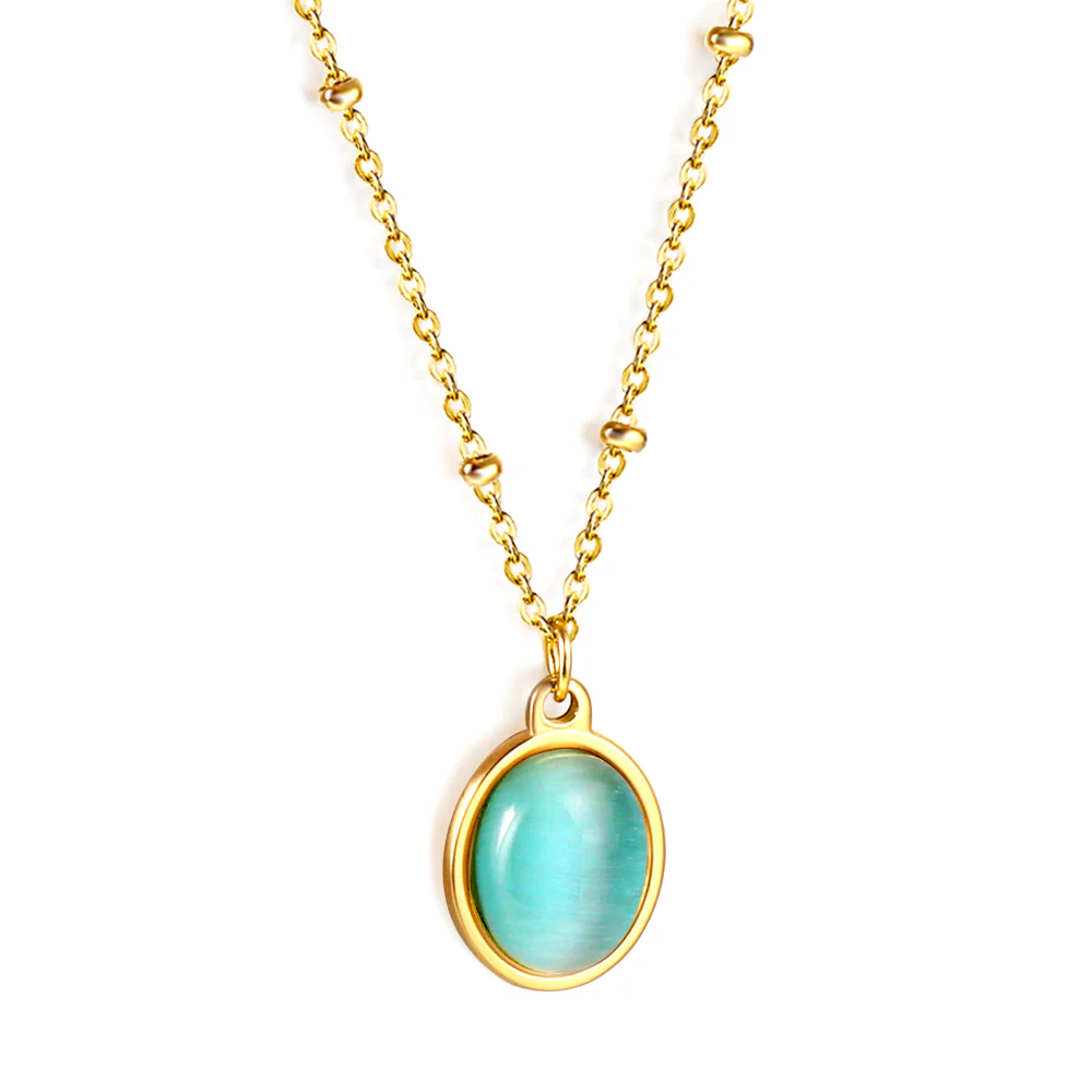 Stainless Steel Gold Color PVD Long Round Bead And Oval Blue CZ Pendant Necklace