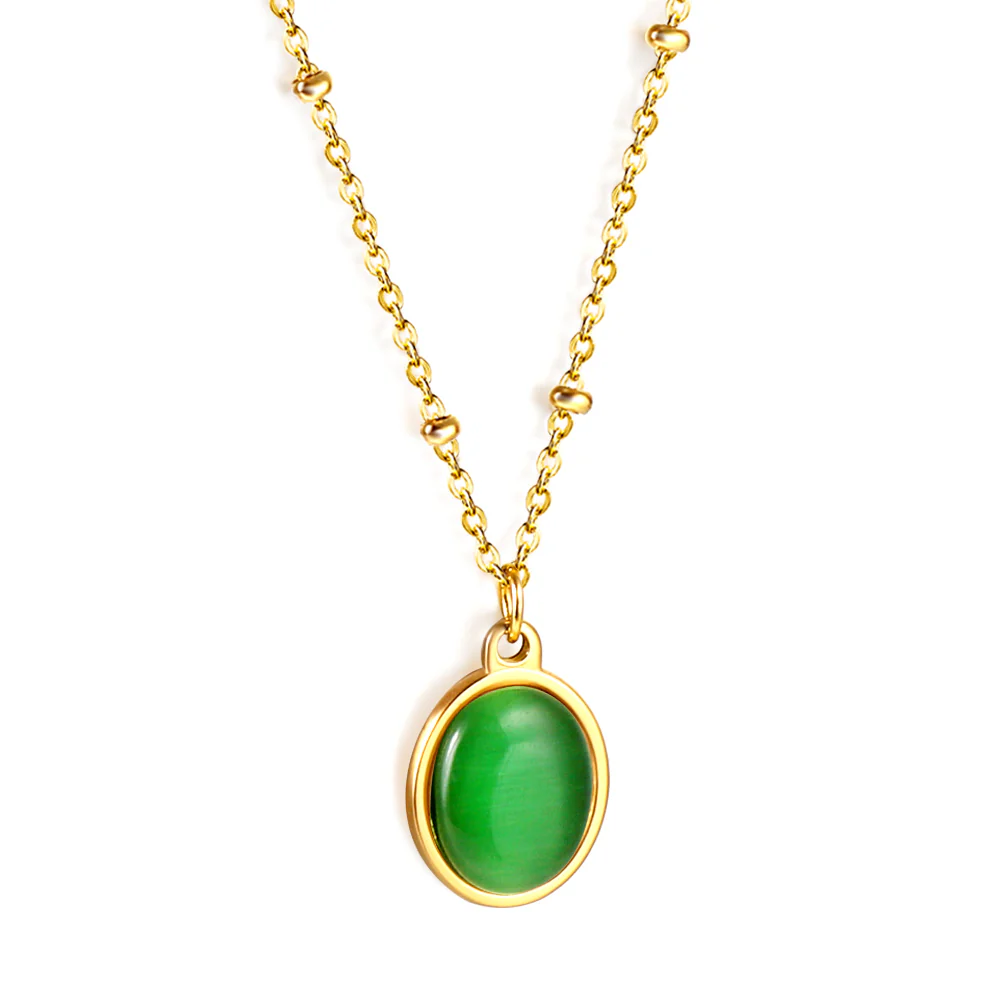 Stainless Steel Gold Color PVD Long Round Bead And Oval Green CZ Pendant Necklace