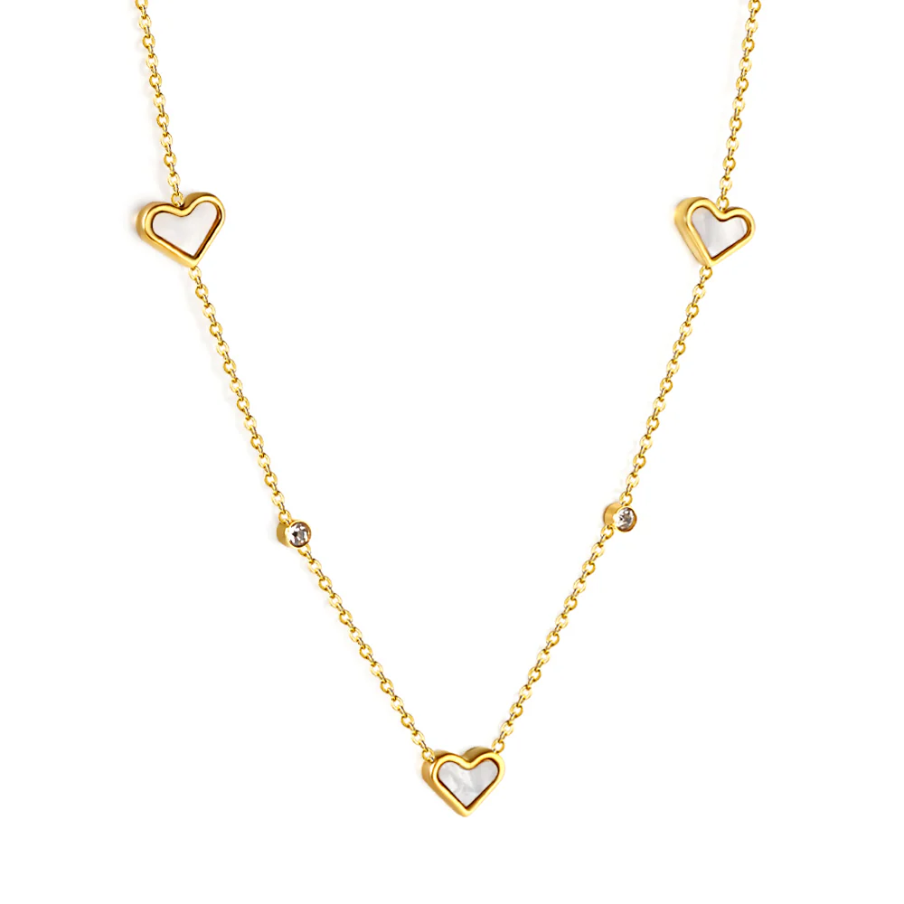 Stainless Steel Gold Color PVD 3 Heart Shaped White And Round White Diamond Pendant Necklace