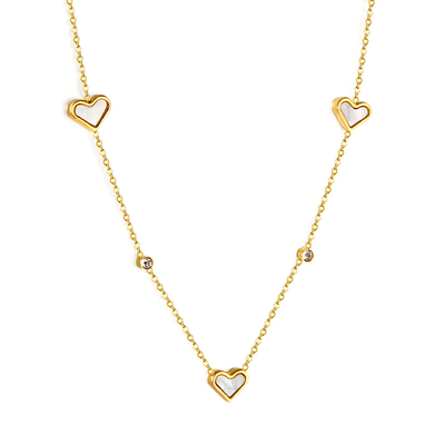 Stainless Steel Gold Color PVD 3 Heart Shaped White And Round White Diamond Pendant Necklace