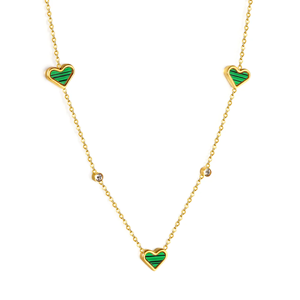 Stainless Steel Gold Color PVD 3 Heart Shaped Green And Round White Diamond Pendant Necklace