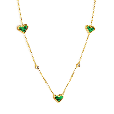 Stelluxe Stainless Steel Gold Color PVD 3 Heart Shaped Green And Round White Diamond Pendant Necklace