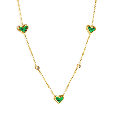 Stelluxe Stainless Steel Gold Color PVD 3 Heart Shaped Green And Round White Diamond Pendant Necklace