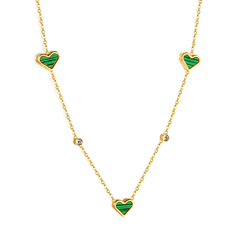 Tresoli Stainless Steel Gold Color PVD 3 Heart Shaped Green And Round White Diamond Pendant Necklace