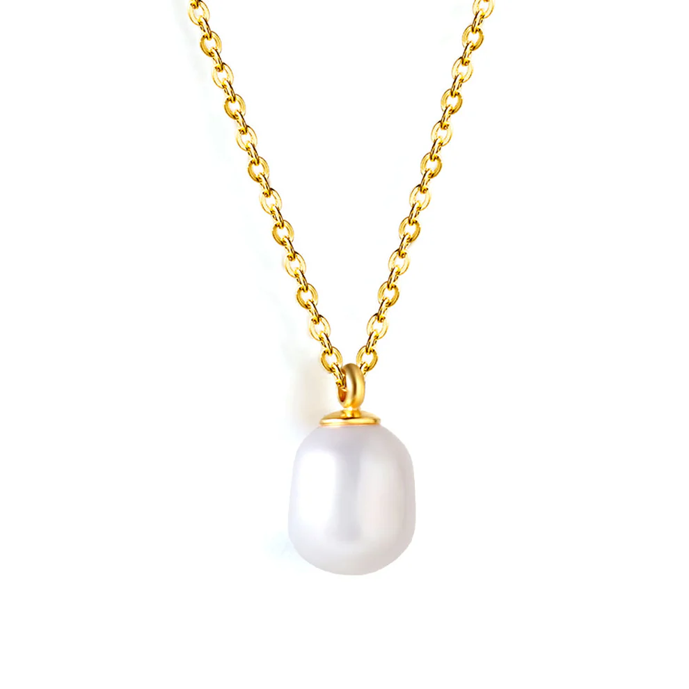 Stainless Steel Gold Color PVD Lassic Elegant White Pearl Pendant Necklace