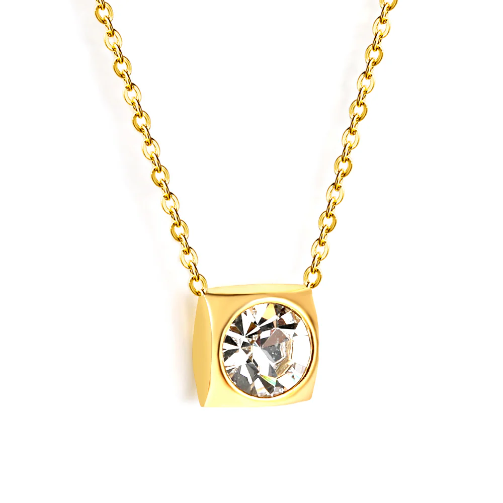 Stainless Steel Gold Color PVD White CZ Square Setting Necklace